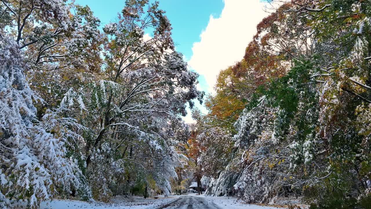 눈 인 거리를 가로질러 평평한 모습으로 기울어