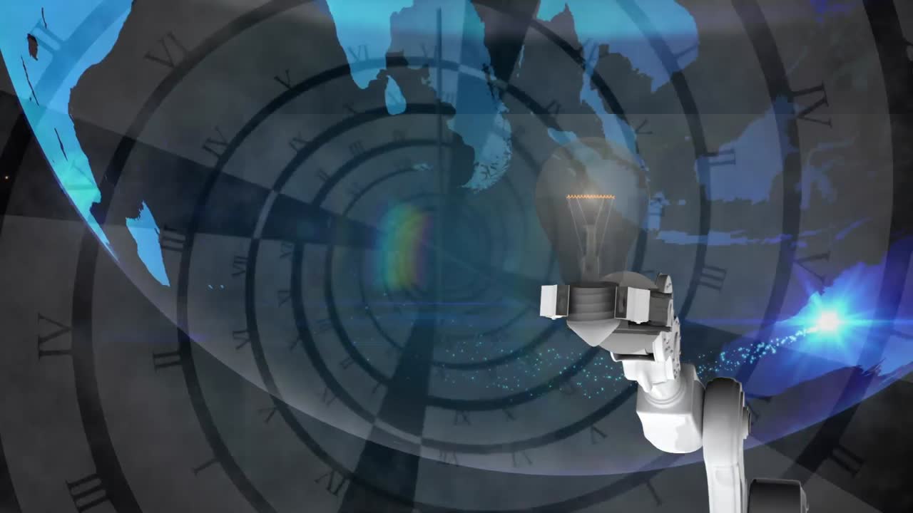 세계관을 가진 전구와 로 ⁇  팔의 애니메이션과 나선과 시계를 통한 데이터 처리