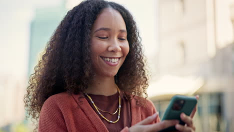 phone, happy and african woman with smile in city