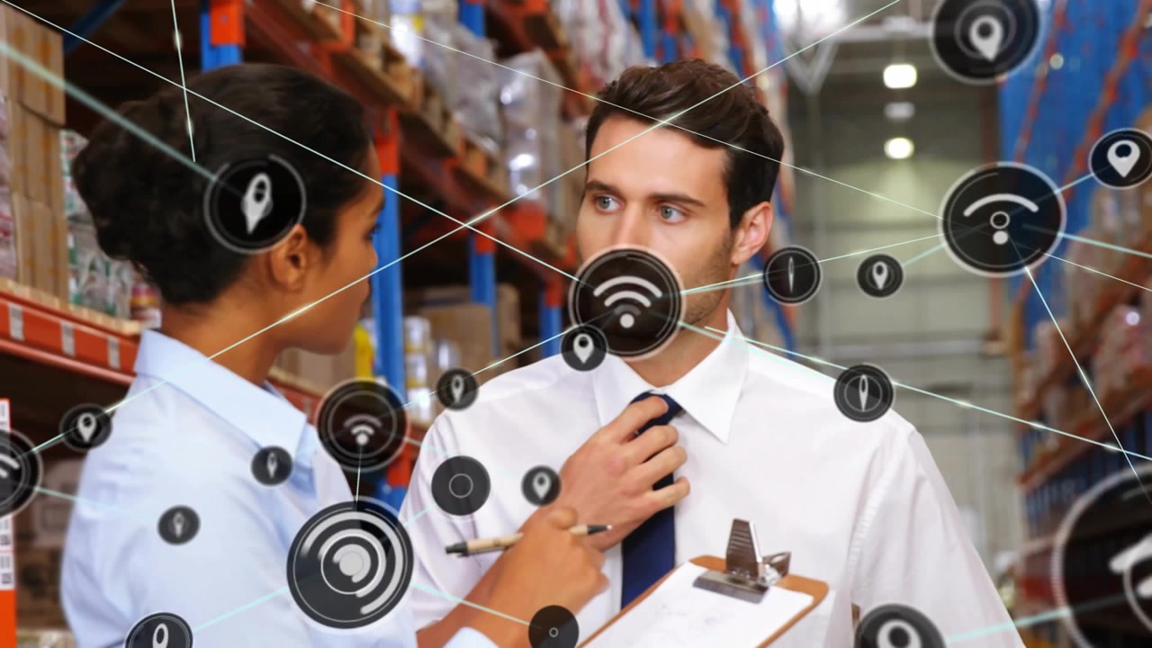 Inspector tapping clipboard and initiating network icons rising over warehouse while mapping stock