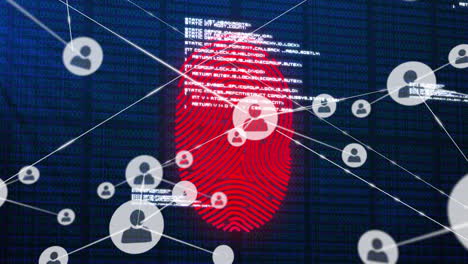 animation of network of connections with icons over data processing and fingerprint