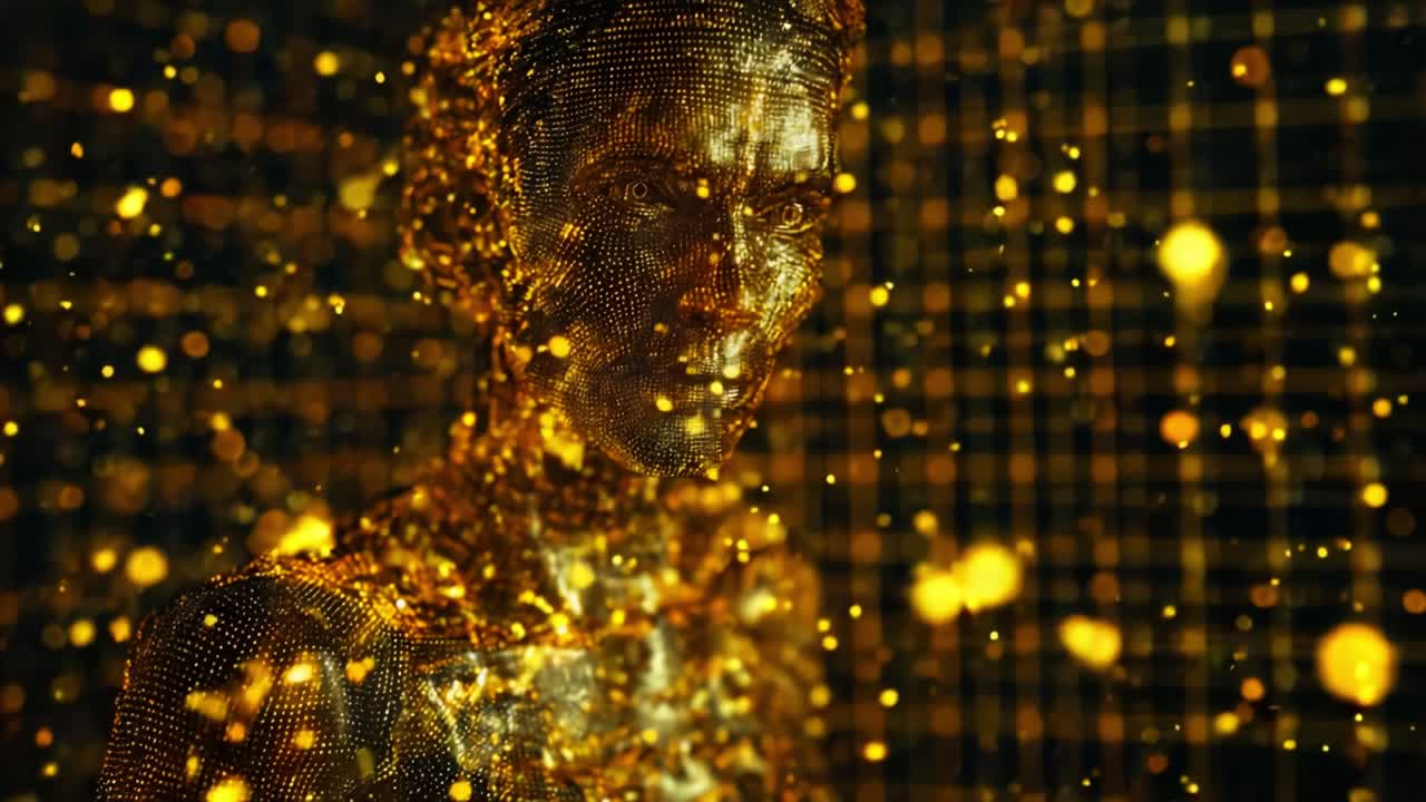 A mesmerizing visual representation of a digital entity crafted from shimmering golden particles and intricate patterns, surrounded by a captivating array of lights and textures