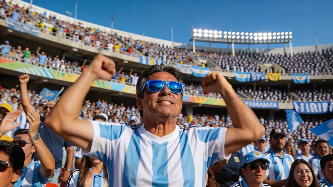 Aficionado animando y liderando a la multitud tras un gol en el estadio, con camiseta de Argentina y gafas de sol.