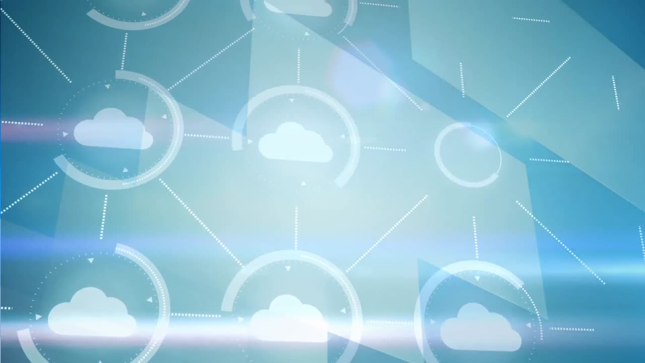animación de una red de iconos de nubes sobre un fondo azul brillante