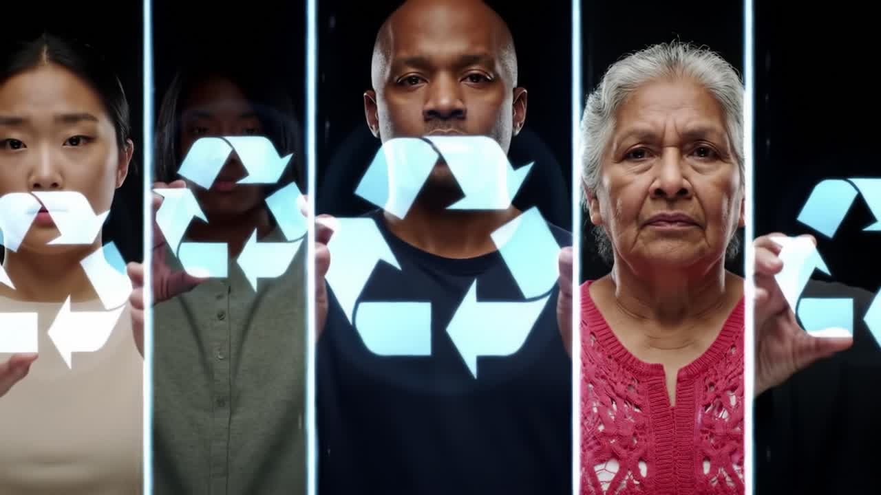 Diverse Group Interacting with Recycling Symbols
