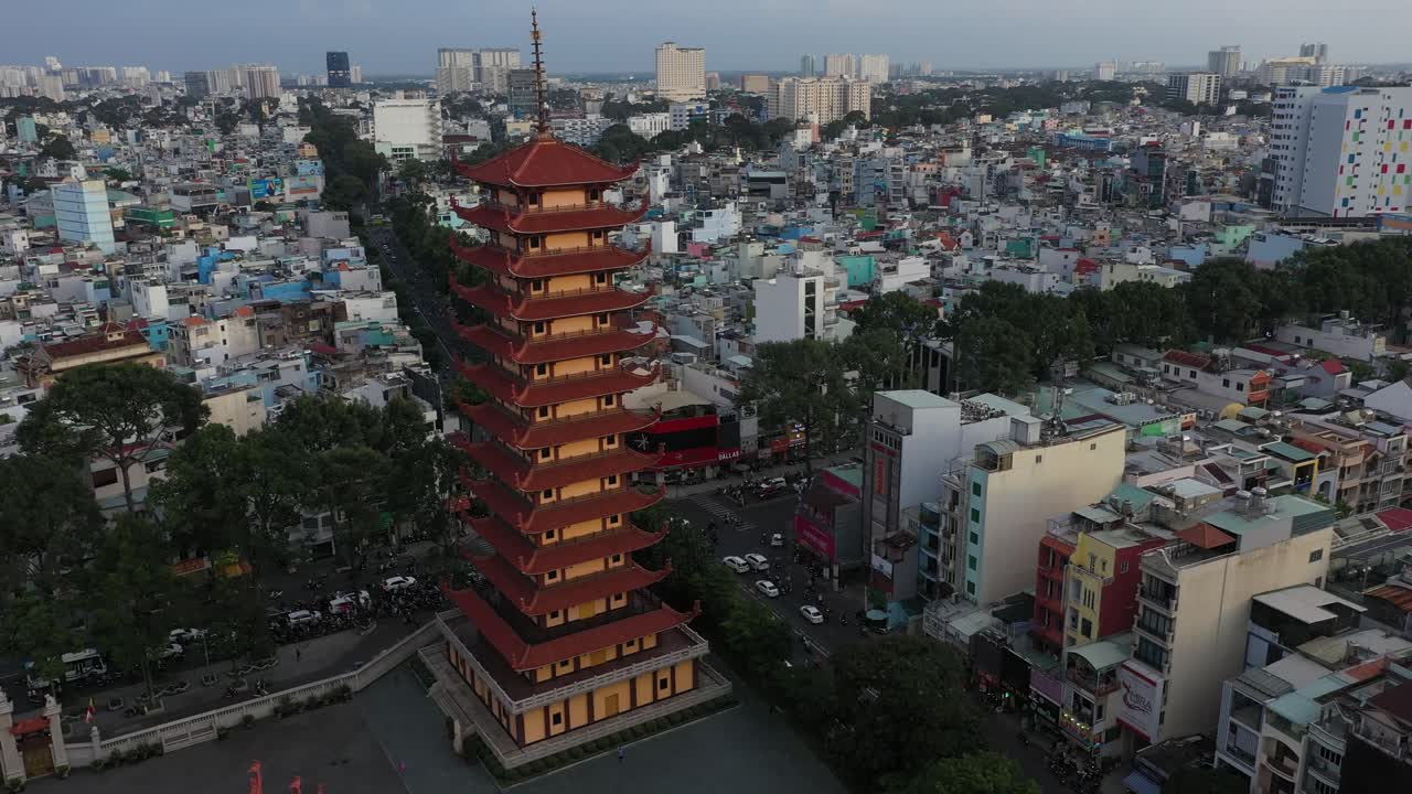 Aerial view of Buddhist pagoda in Ho Chi Minh City, Vietnam