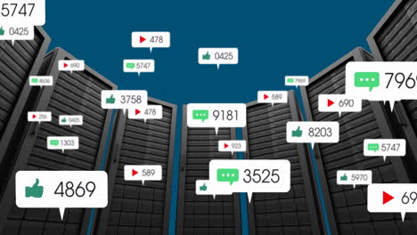 animation of multiple white social media icons over servers in rows on blue background