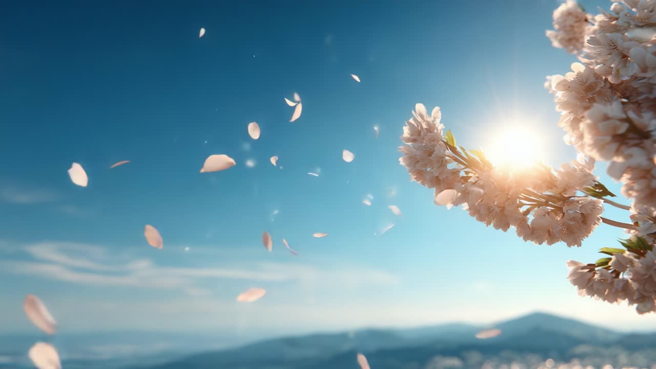 A Tranquil Spring Scene with Blossoming Cherry Flowers and Gentle Petals Dancing in the Breeze Underneath a Radiant Sunlit Sky