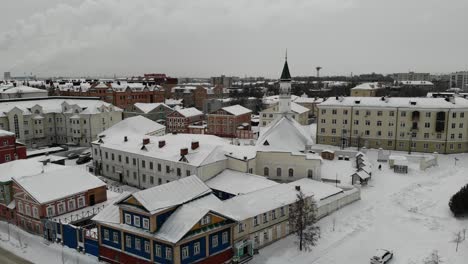 aerial the first cathedral mosque kazan tatarstan. winter. roofs in the snow