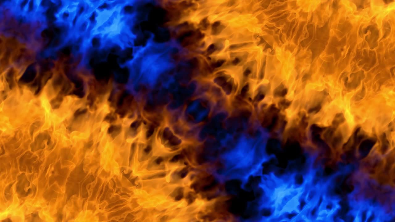 Fire flames on black background. Burning fire flame. Fiery orange blue glowing. Loop vj kaleidoscope background. Fiery Mosaic Motion Background 4K