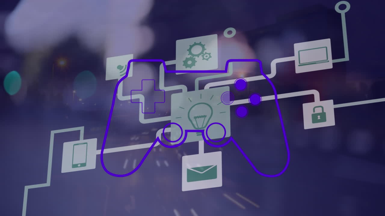 animación de iconos de medios y gamepad sobre la carretera