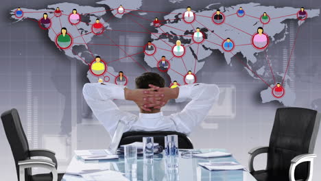 rear view of businessman looking at tech interface