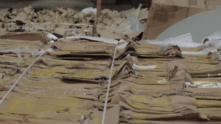 Cardboard waste in bales medium panning shot