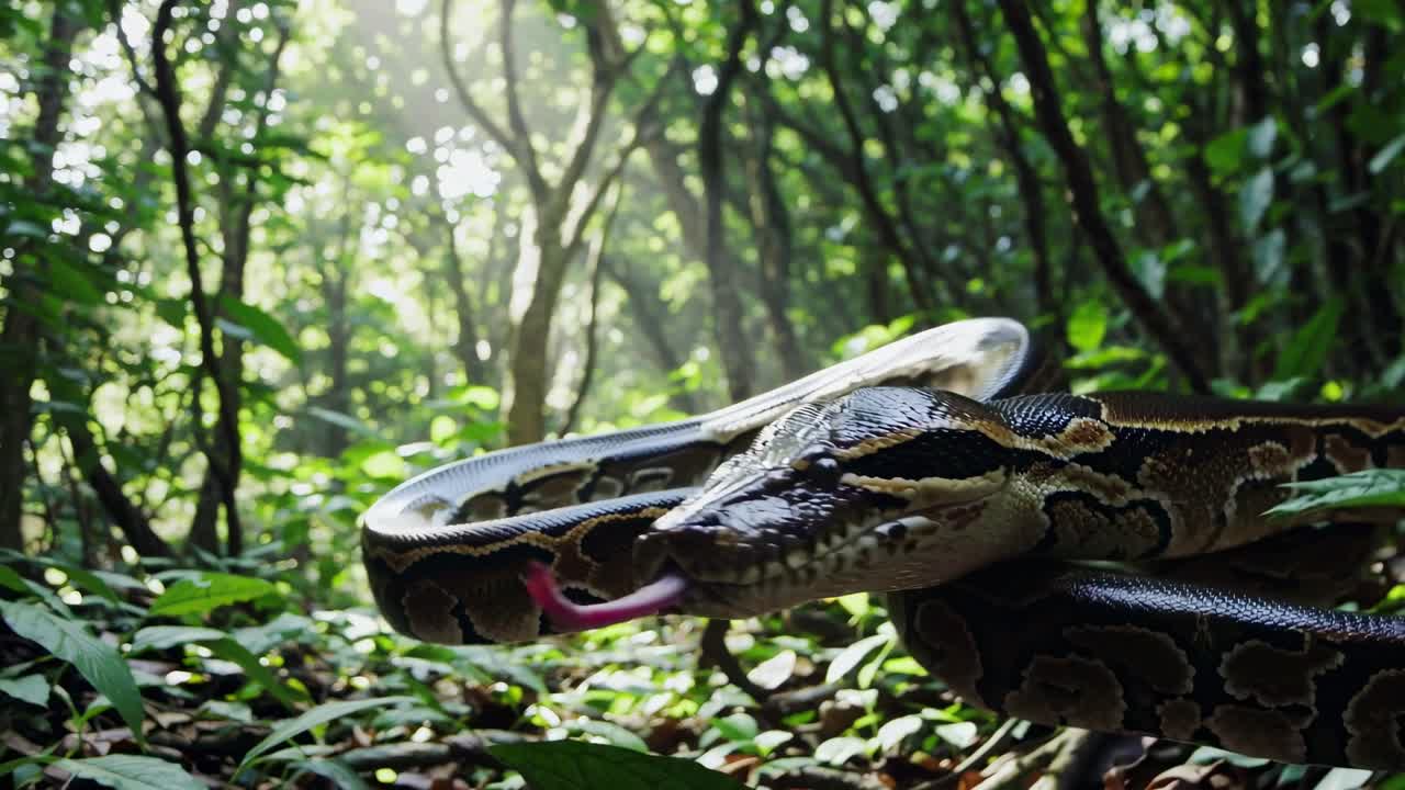 Close-up video of a snake in a lush forest, captured from a low angle