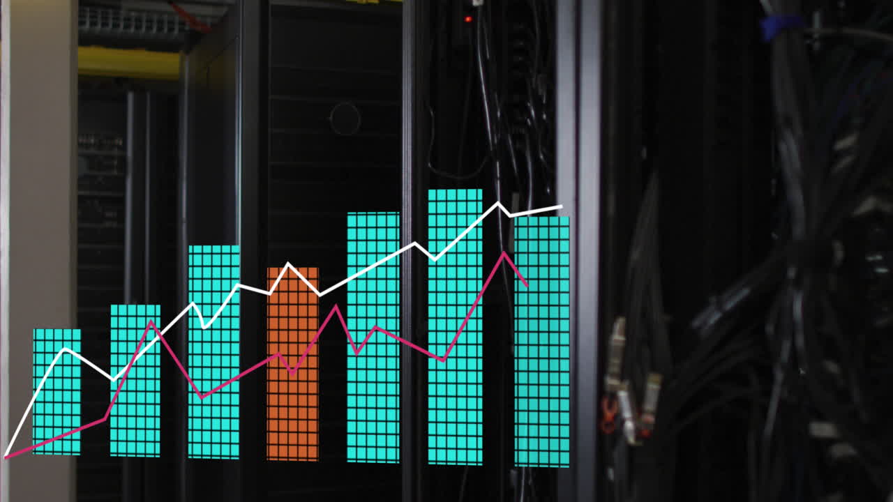 Animação de processamento de dados estatísticos em uma sala de servidores de computador vazia