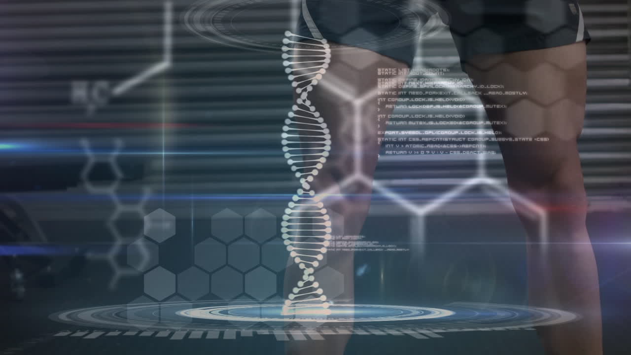 Animation of dna strand spinning over data processing and exercising strongman