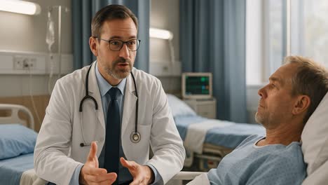 in a hospital setting, a doctor attentively explains treatment options to a patient lying in a bed. the physician, dressed in a white coat with a stethoscope around his neck, conveys important information, ensuring the patient understands his condition. the interaction highlights the importance of c