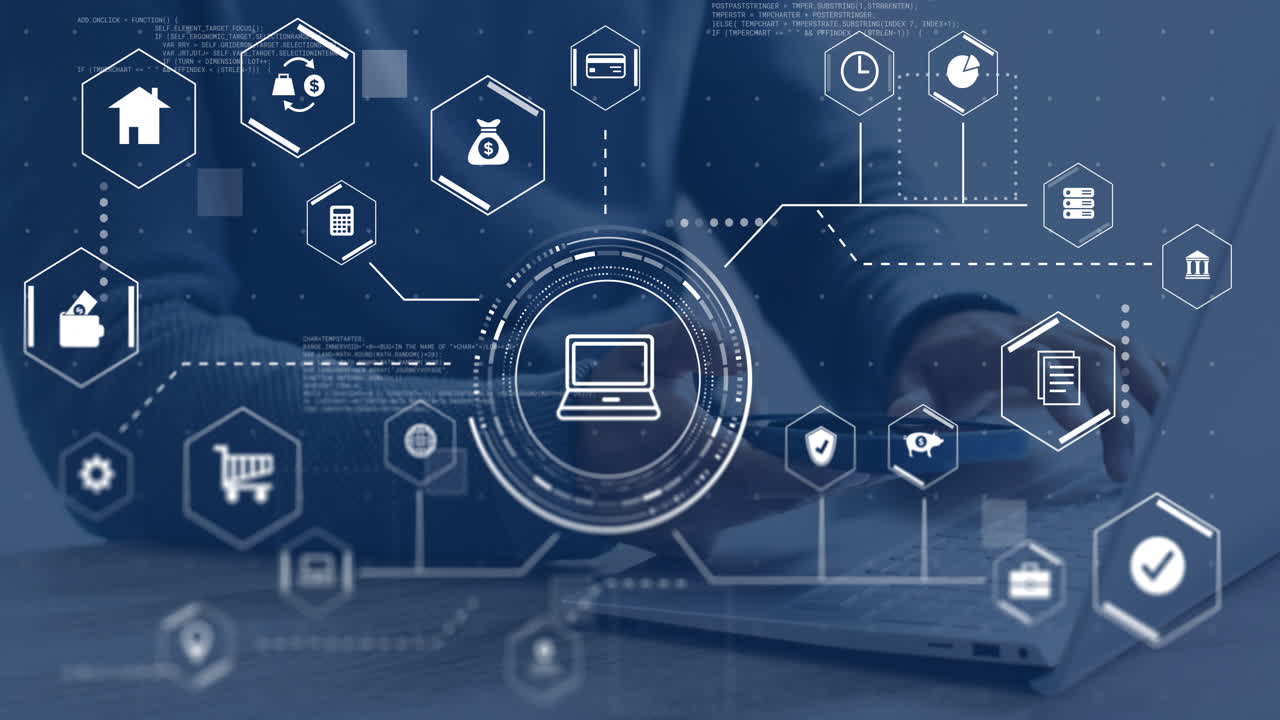animación de conexiones con íconos de negocios sobre empresario biracial usando computadora portátil
