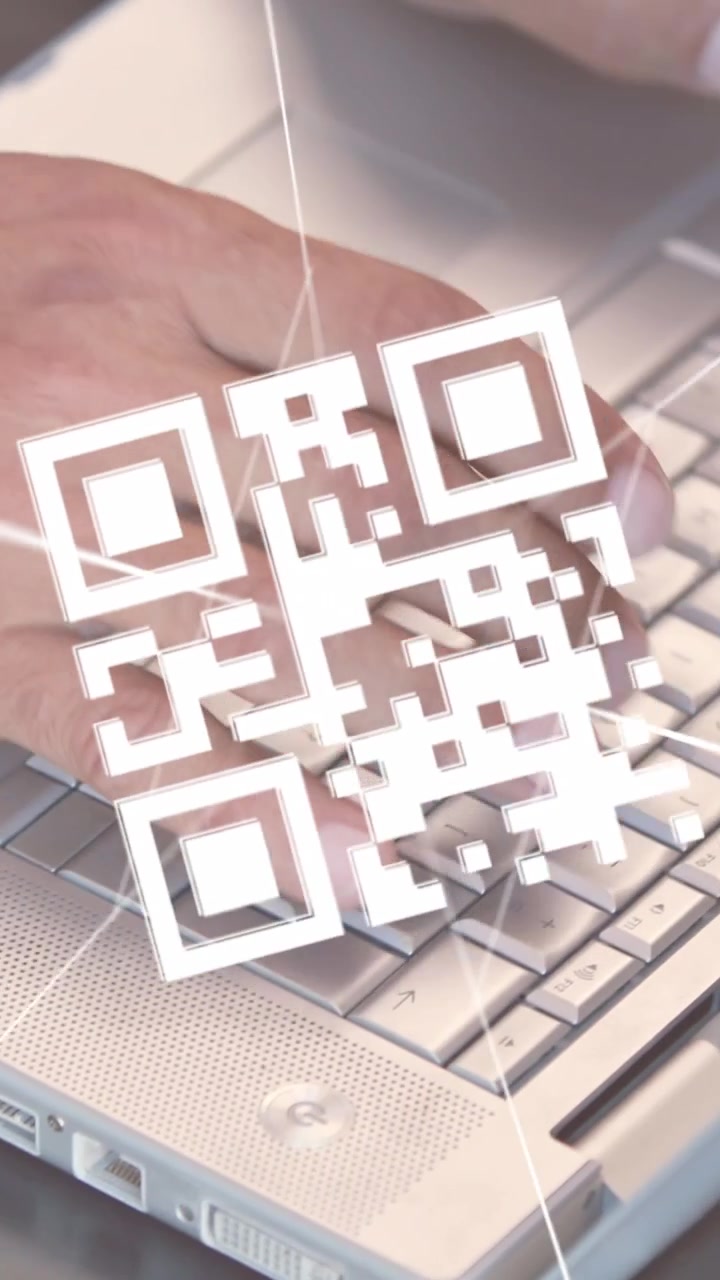 Animation of qr code, data processing and networks over man using laptop