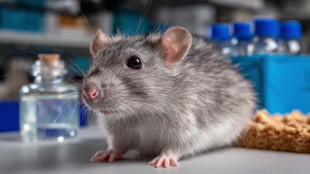 Close-up of a Curious Laboratory Rat Surrounded by Scientific Equipment and Food, Highlighting Its Features in an Experimental Environment, Perfect for Research Studies