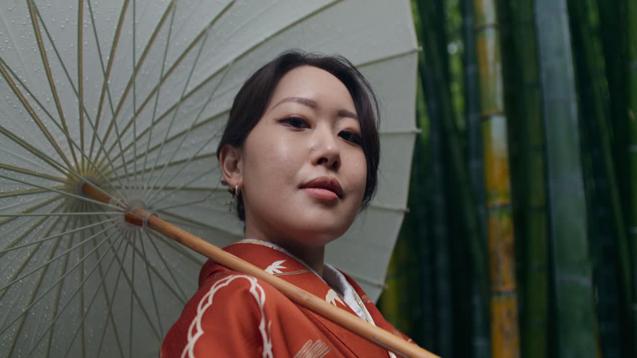 Woman in Kimono with Umbrella in a Bamboo Forest