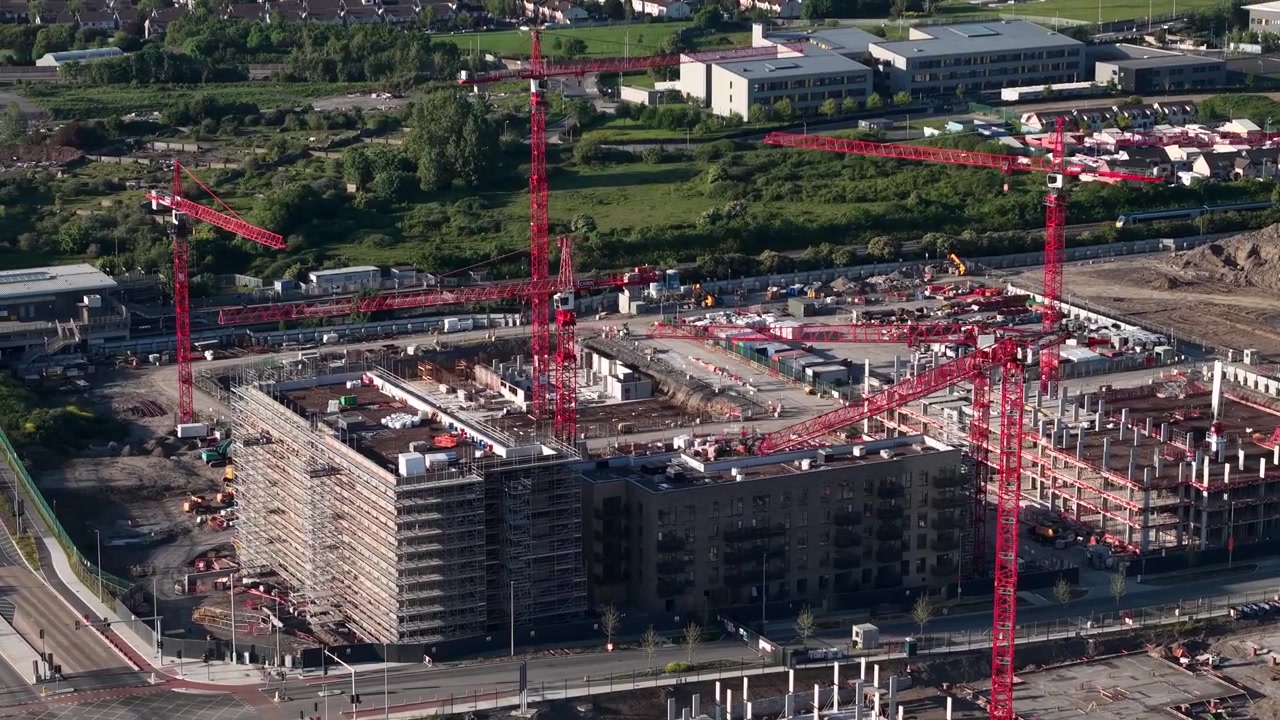 Modern residential apartments rising at Seven Mills Dublin construction site aerial
