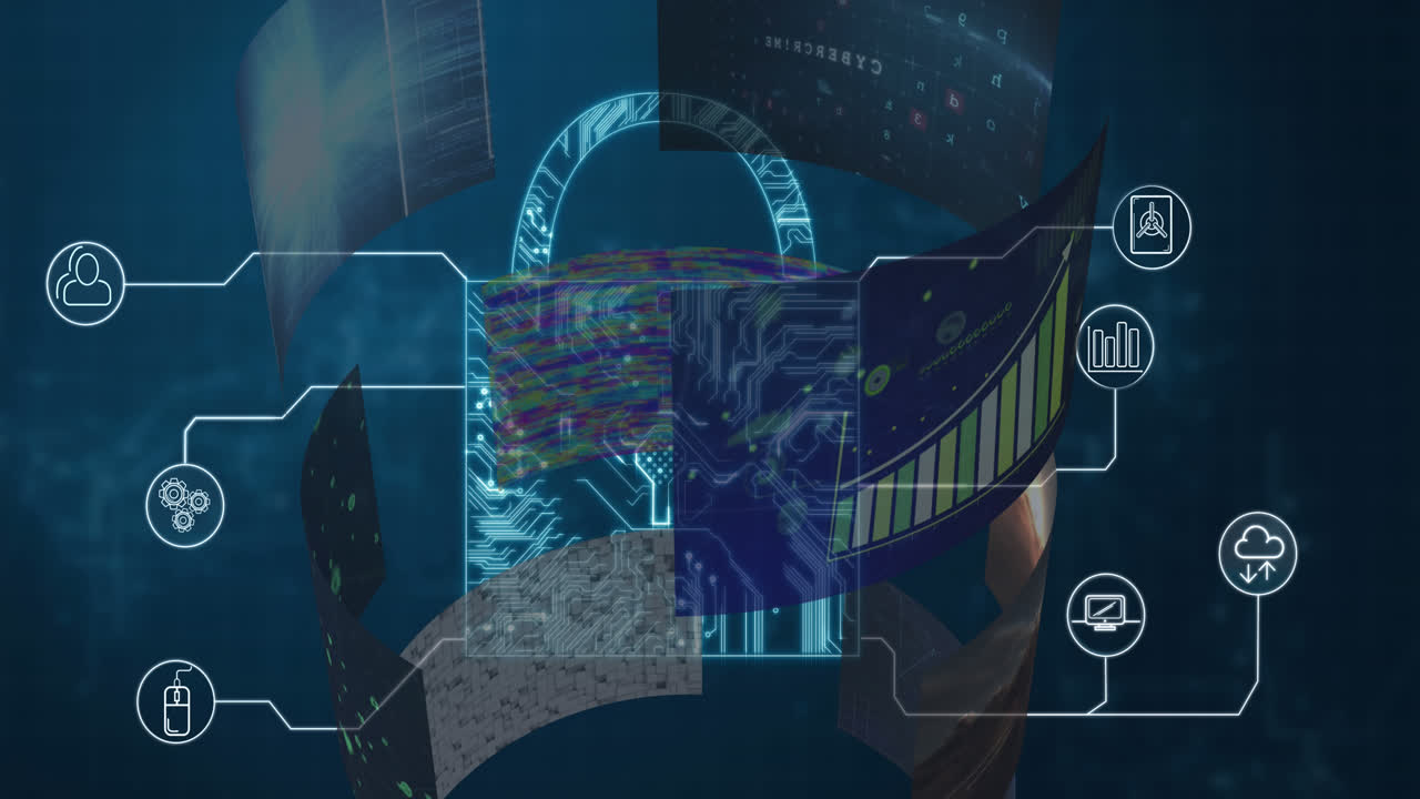 animación de redes de conexiones, candado de seguridad en línea y procesamiento de datos en pantallas