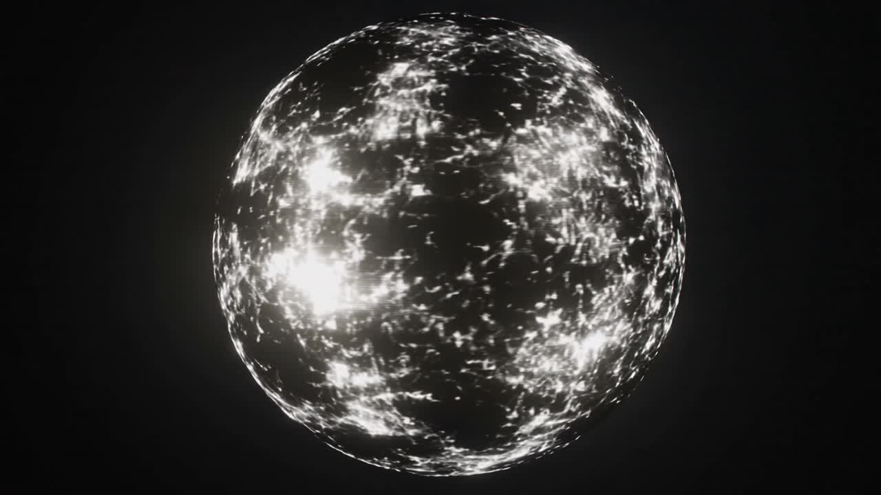Appearing glowing orb showing white filaments, dispersing clusters, creating shimmer in black void