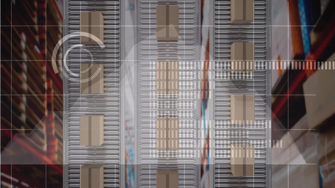 Animation of statistics processing over conveyor belts with boxes