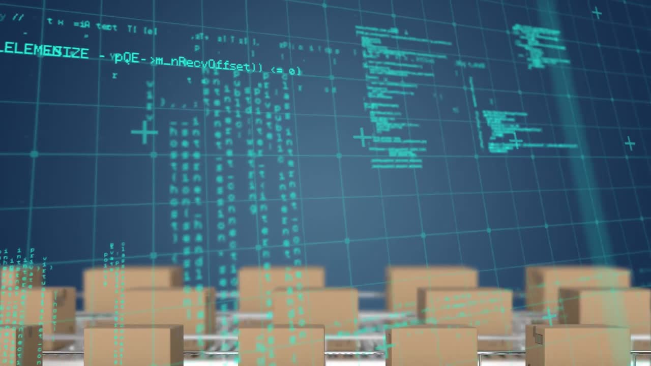 파란색 배경 위에 데이터 처리 및 컨베이어 벨트 상자 애니메이션.