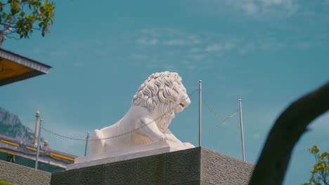 white lion statue in a temple garden