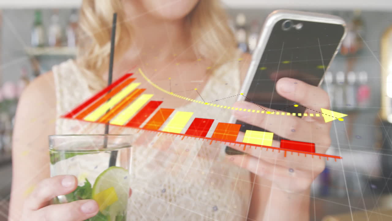 스마트폰을 사용하여 음료를 마시는 백인 여성에 대한 빨간색과 노란색 다이어그램의 애니메이션