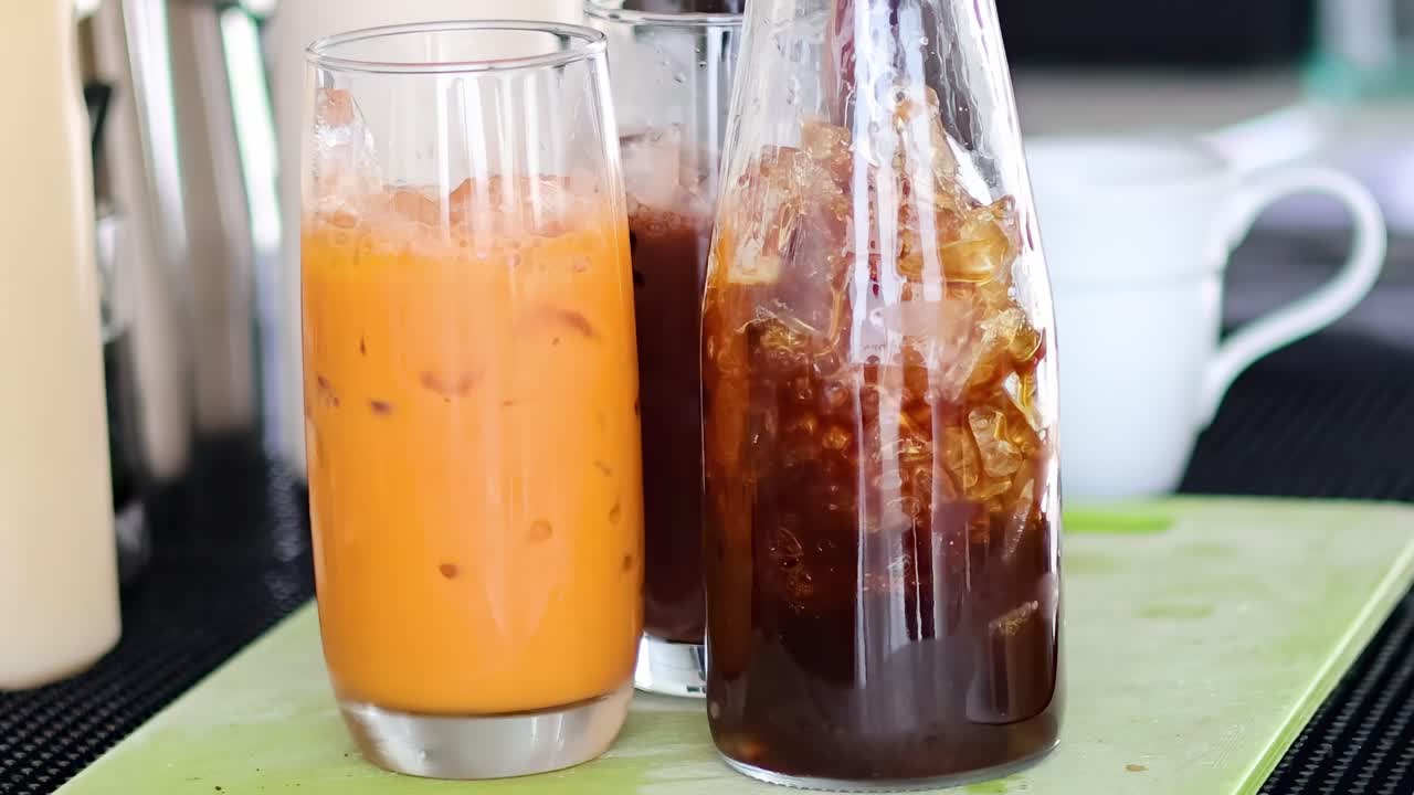 Watch as iced coffee and tea blend beautifully in tall glasses, creating a refreshing visual treat.
