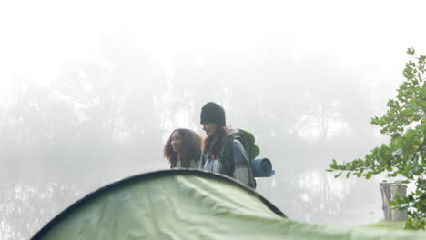camping, hiking and women in nature walking