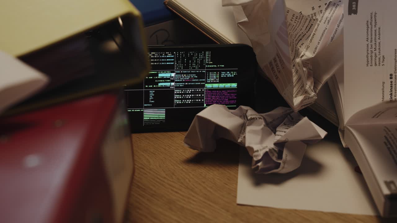 A smartphone running AI code lies between folders and crumpled papers—symbolizing how artificial intelligence silently replaces traditional office tasks