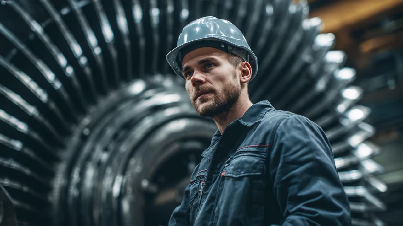 Focused Engineer in Safety Gear Standing Near a Large Turbine, Showcasing Precision and Expertise in Industrial Engineering Environment