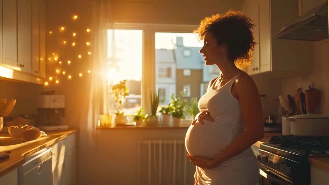 Mulher grávida na sua cozinha