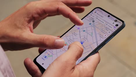 man tourist using smart phone searching location in map application online close up macro. backpacker using gps to find destination on vacation. city or forest hiking, walking in europe