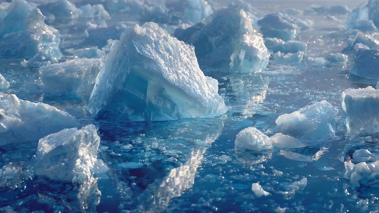 Beautiful Glacial Icebergs Surrounded by Crystal Clear Water Reflected in the Calm Ocean, Capturing the Serenity and Fragility of Nature's Frozen Wonders
