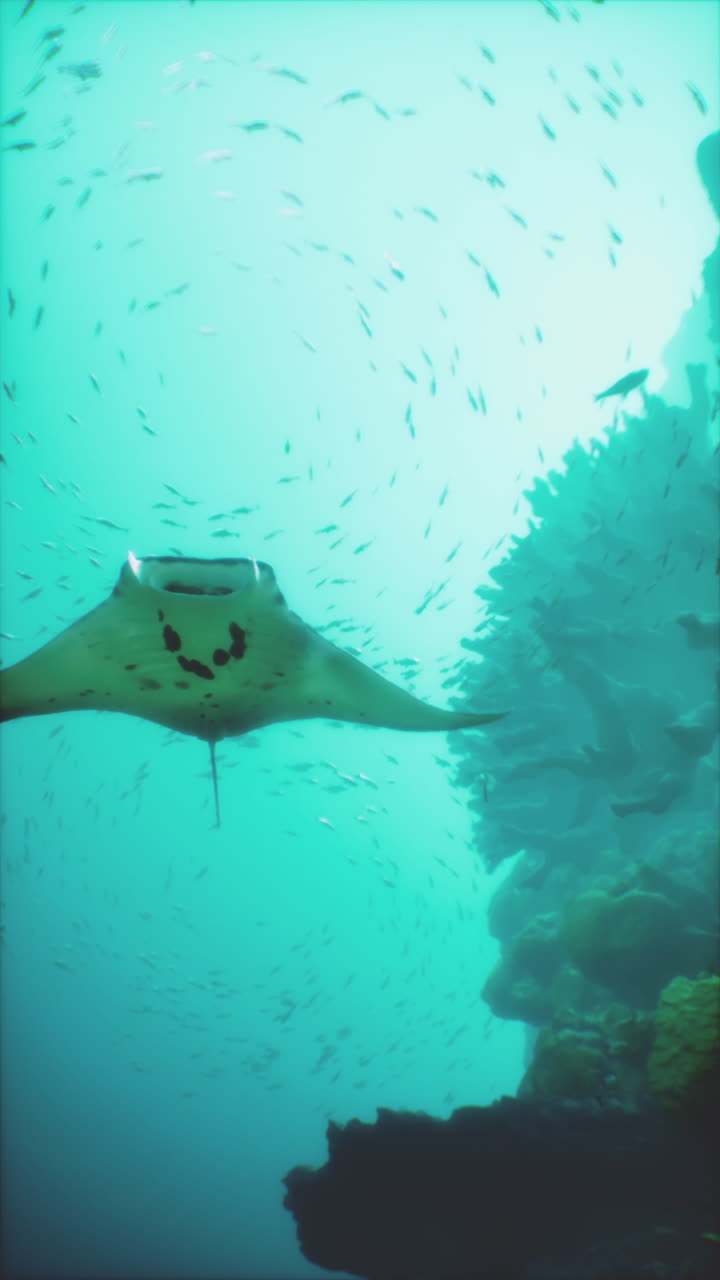 manta ray nadando a través de un grupo de peces en un arrecife de coral
