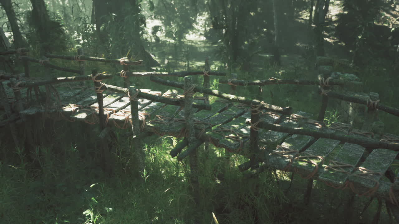 울창한 정글에서 원주민들에 의해 만들어진 오래된 나무 보행 다리