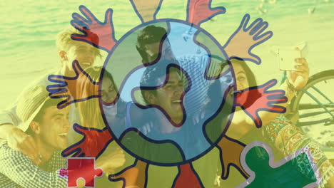 animation of colourful puzzle pieces and globe with hands over happy friends at summer beach party