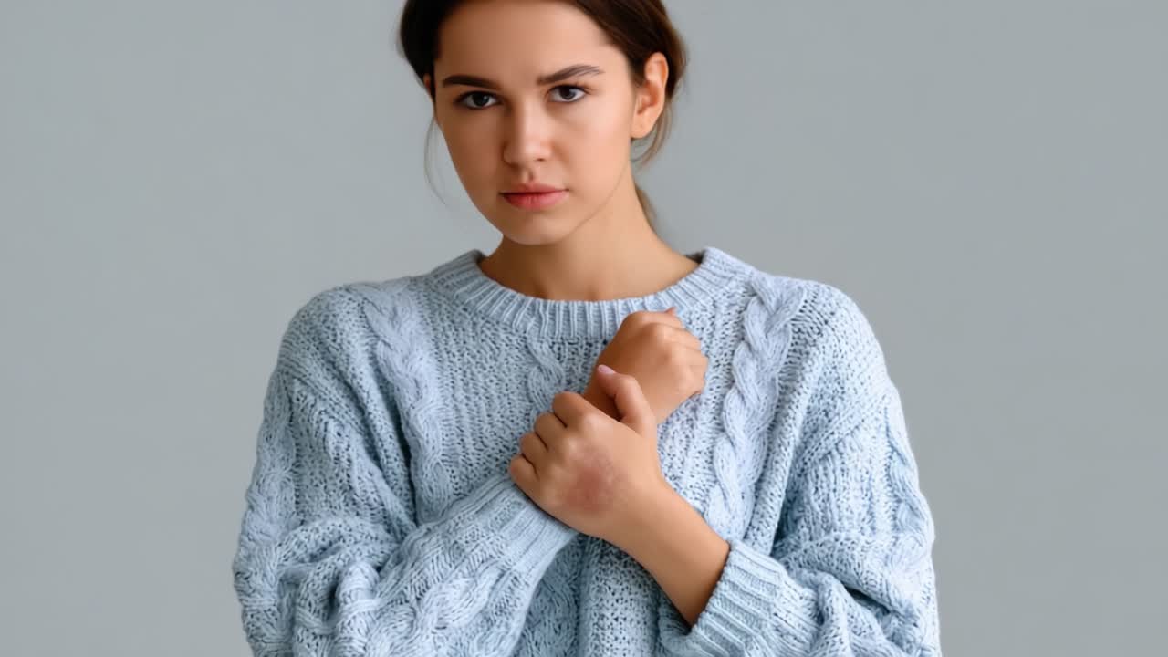 Una giovane donna con un comodo maglione blu assume una posa contemplativa, emanando un'aria di introspezione mentre mette in mostra la morbidezza del suo abbigliamento e l'ambiente calmo intorno a lei.