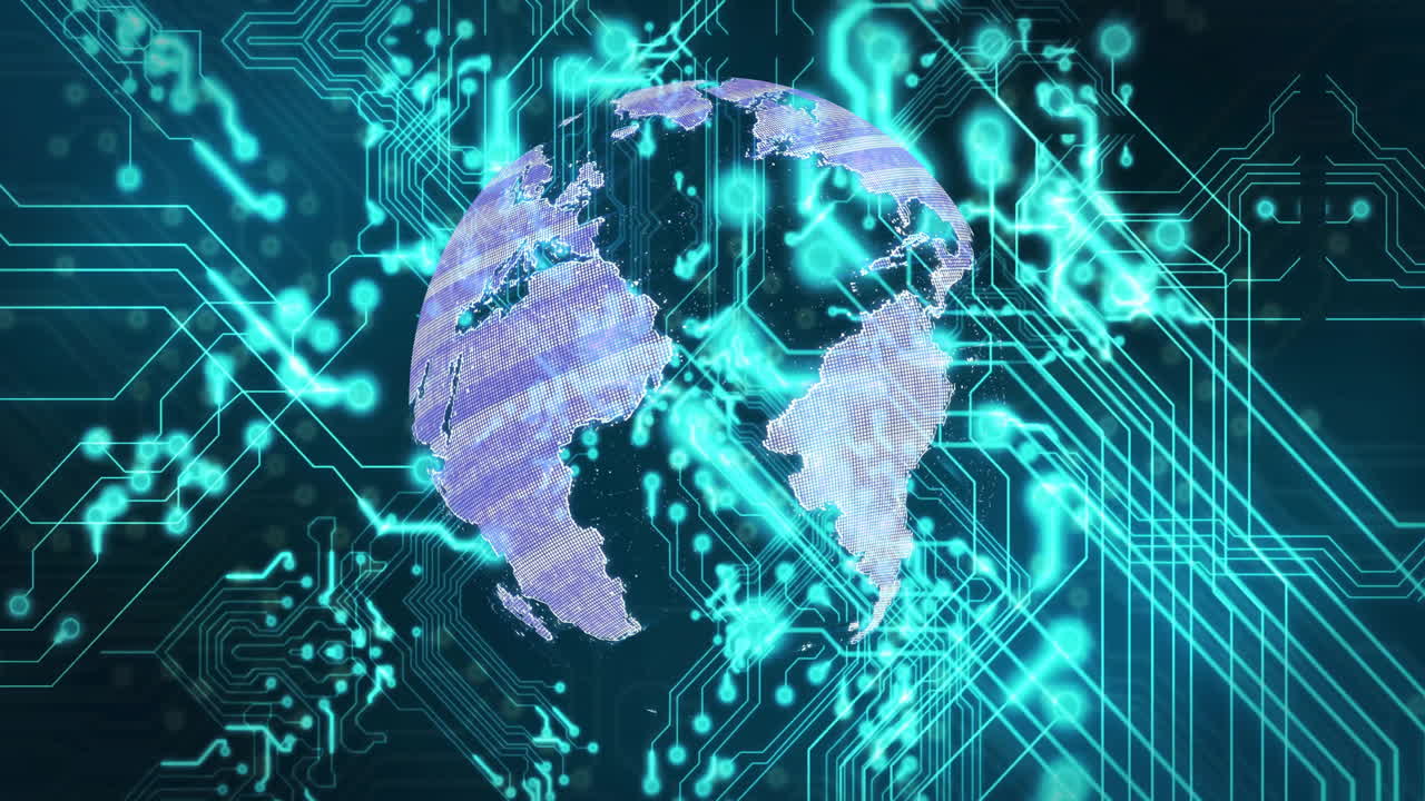 Digital globe and circuit board, global technology network animation