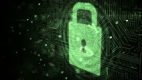 Futuristic padlock against digitally generated background