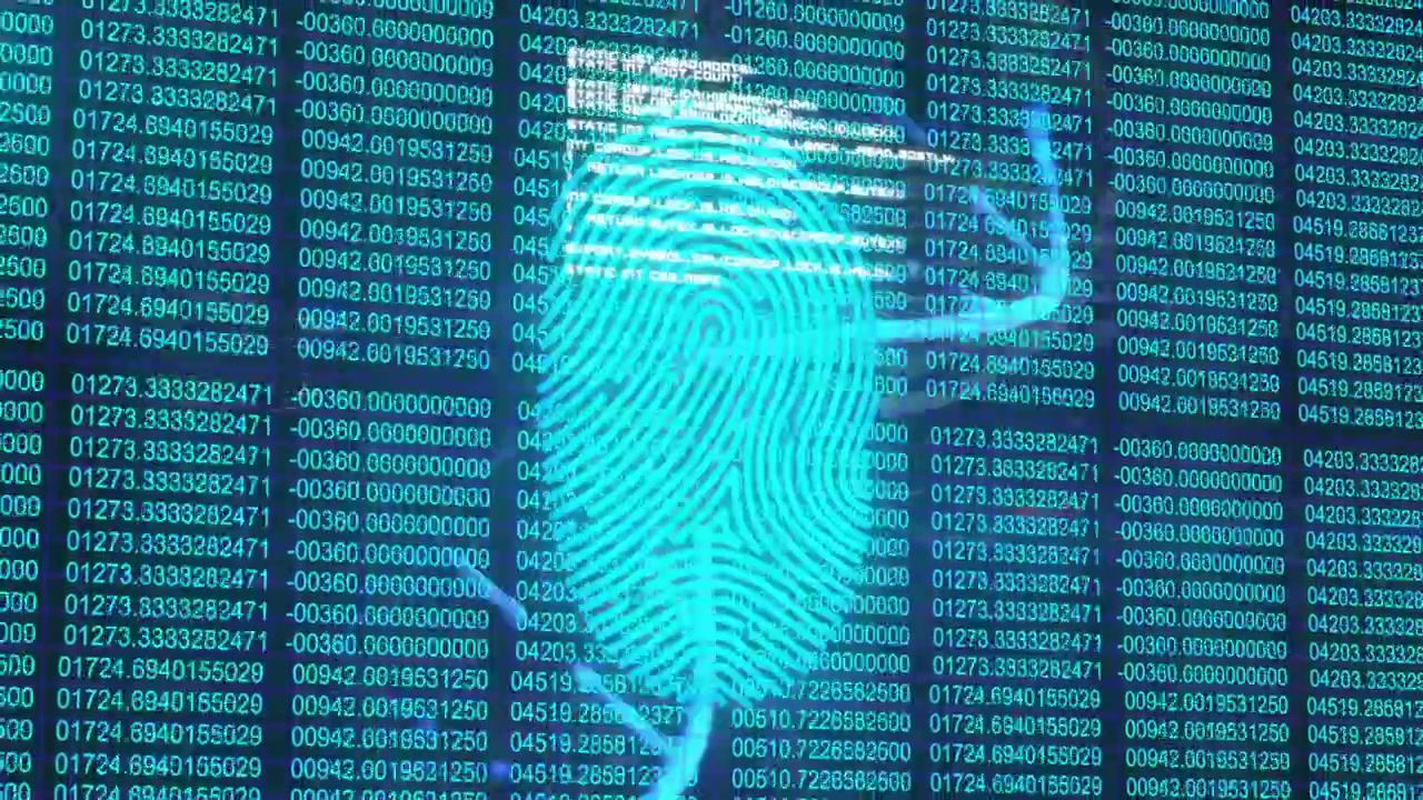 Fingerprint pulsing as scanner box appearing, white bars sweeping while pink trace verifying access