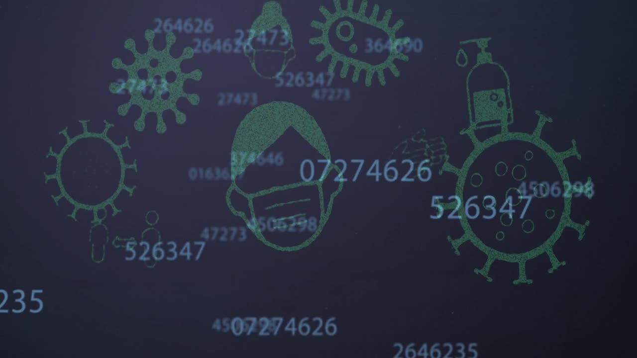 파란색 배경의 코로나바이러스 개념 아이콘에 대해 여러 개의 숫자가 바뀌고 있습니다.