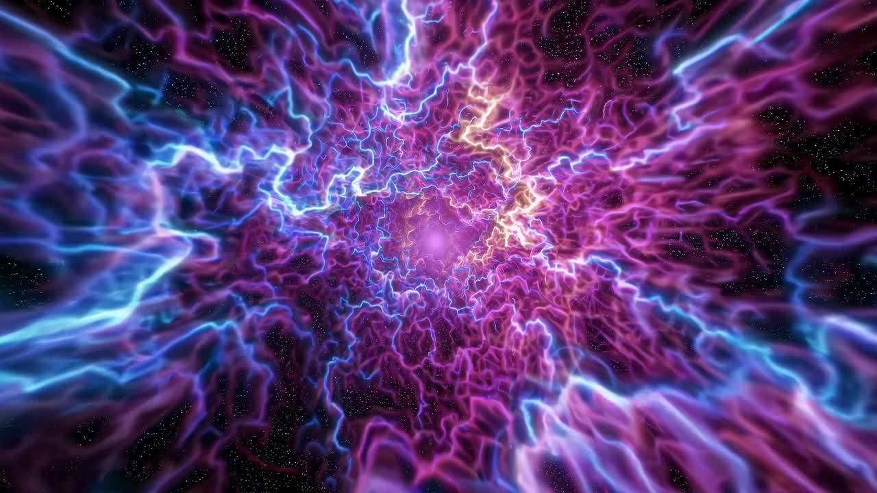A cosmic vortex of vibrant purple and blue energy swirls, captured from a central angle