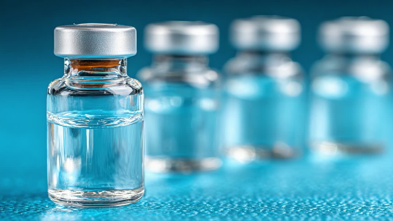 Un vial de vidrio transparente con tapa plateada, mostrando soluciones farmacéuticas contra un fondo de enfoque suave de viales similares, capturando la esencia de la precisión y pureza médica.