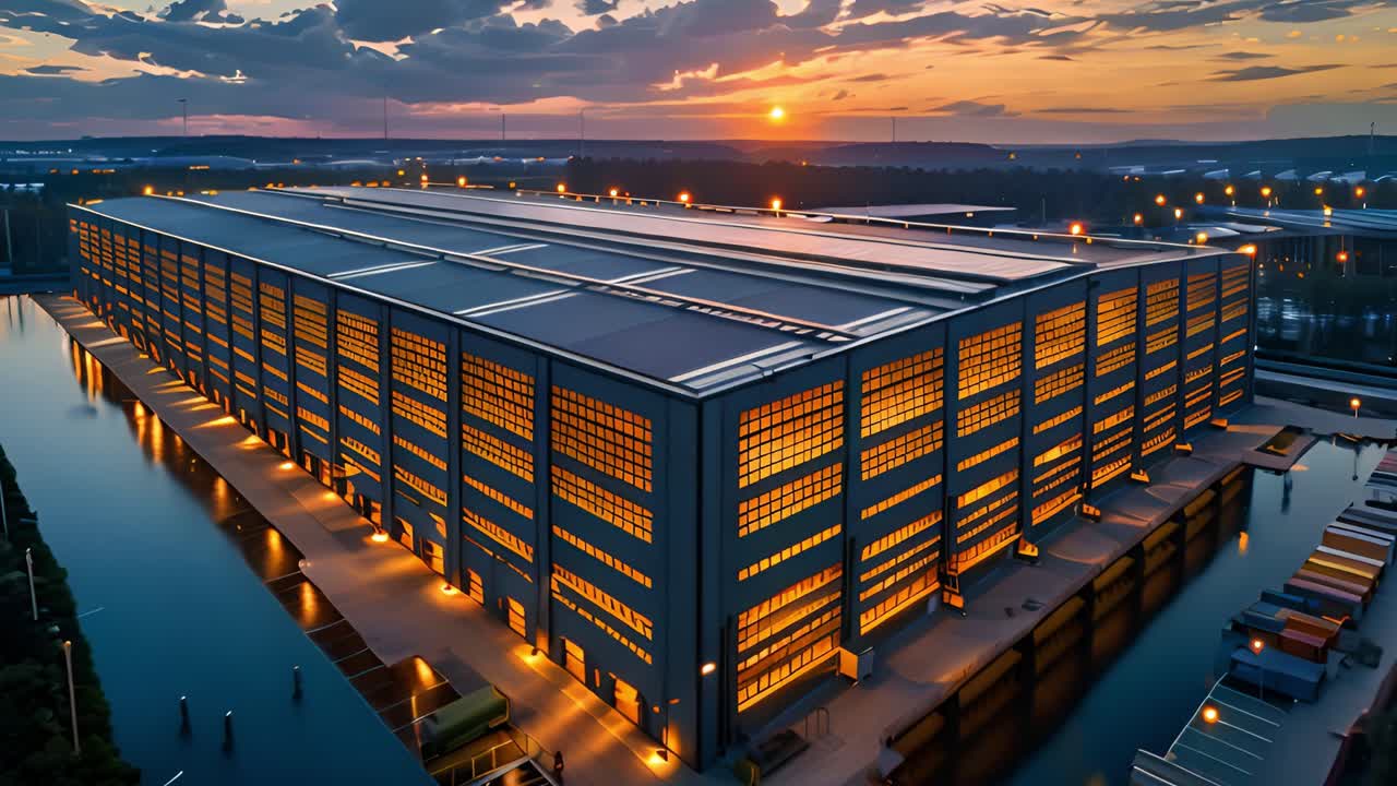 Aerial View of a Modern Industrial Warehouse at Sunset